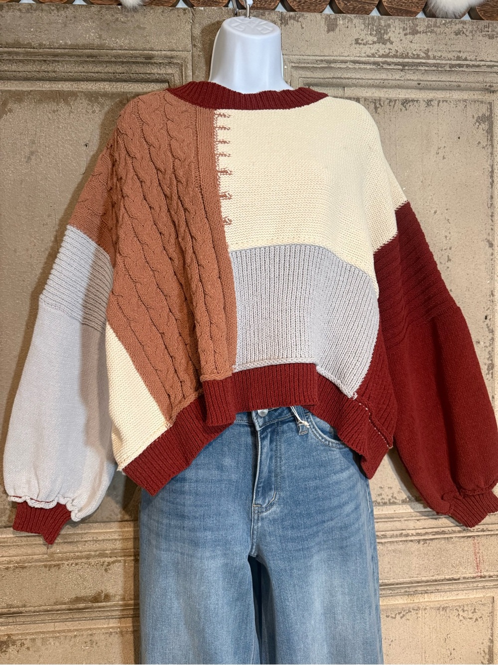 Colorblock Cable Knit Women’s Sweater - Cream, Rust & Tan